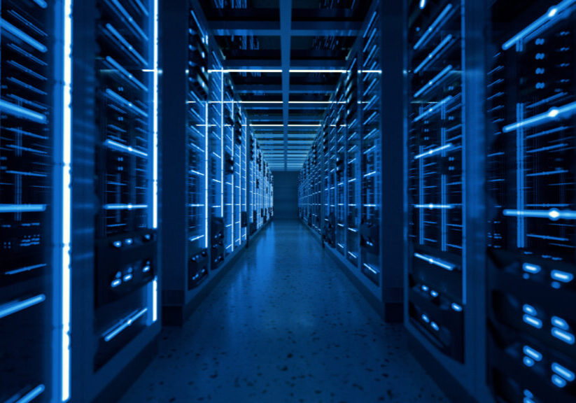 Server racks in computer network security server room data center. 3D render dark blue